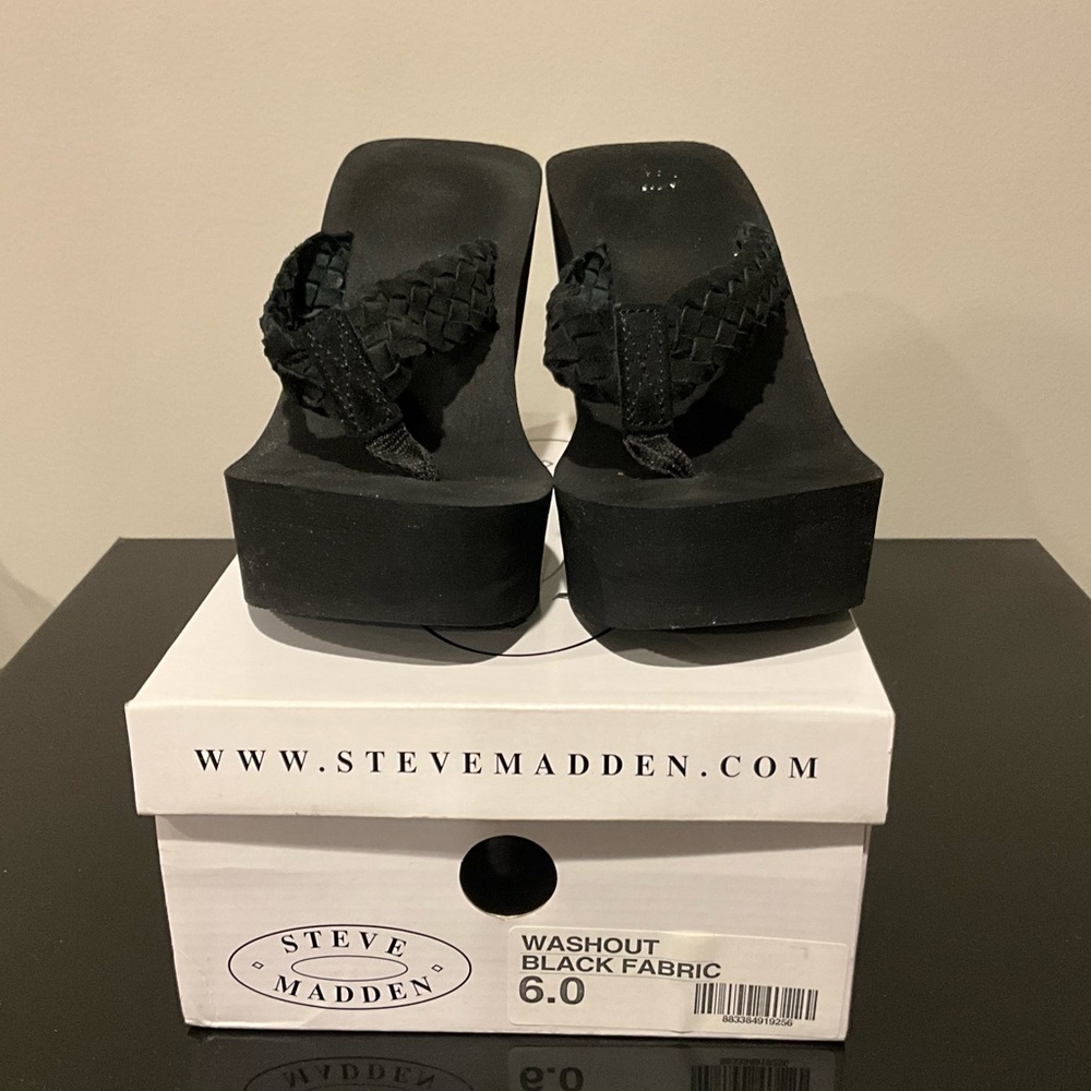 Steve Madden Washout Black fabric wedges in box